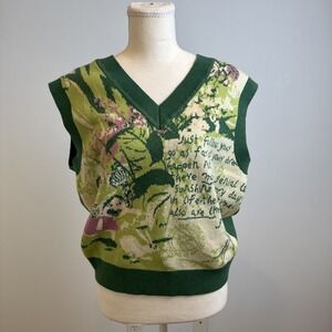 Inman Green Graphic V-Neck Knit Sweater Vest Size M Artsy Indie Soft Academia